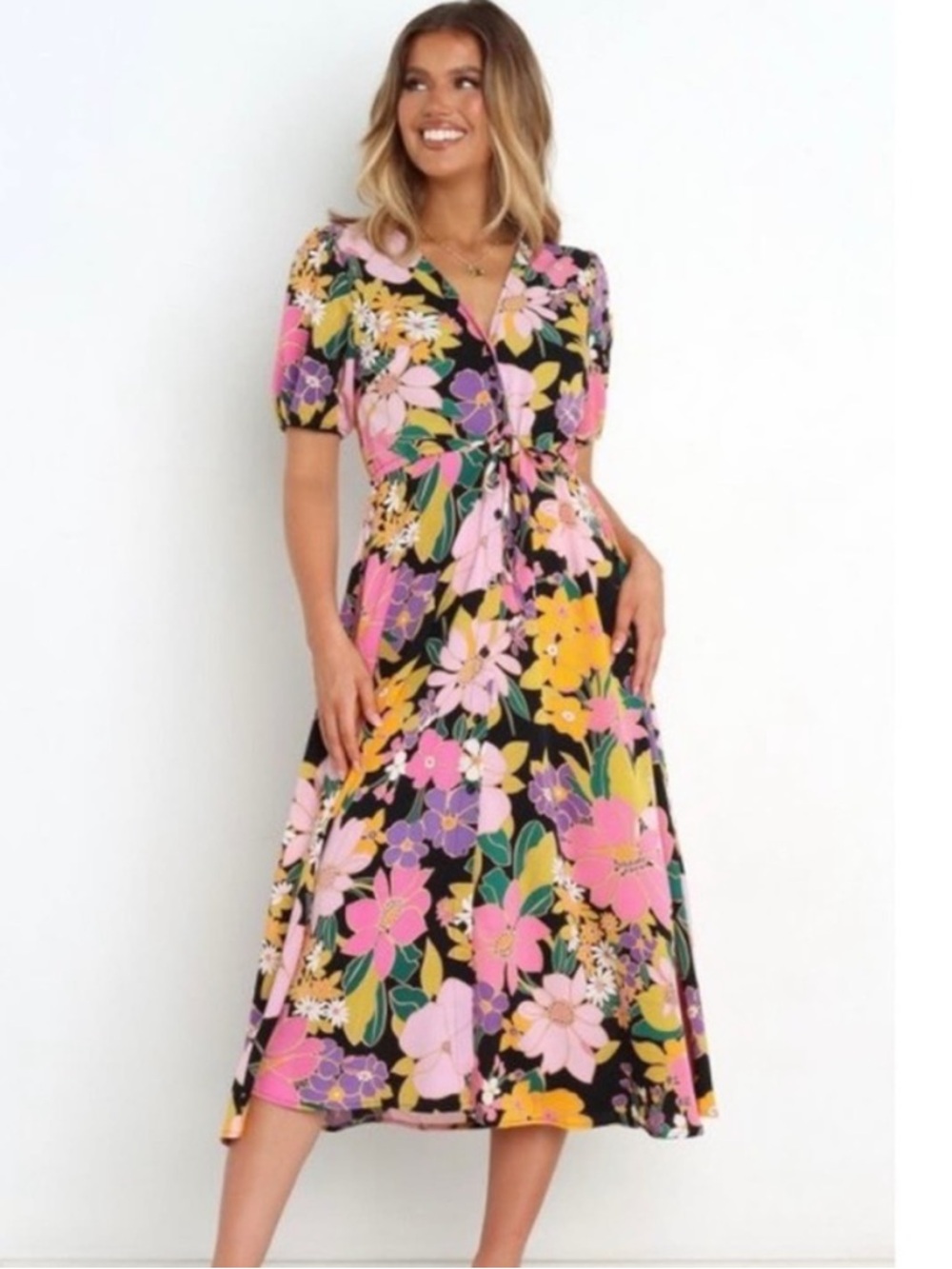 Petal & Pup "Jeanne" Vibrant Floral Button Down V-Neck Midi Dress